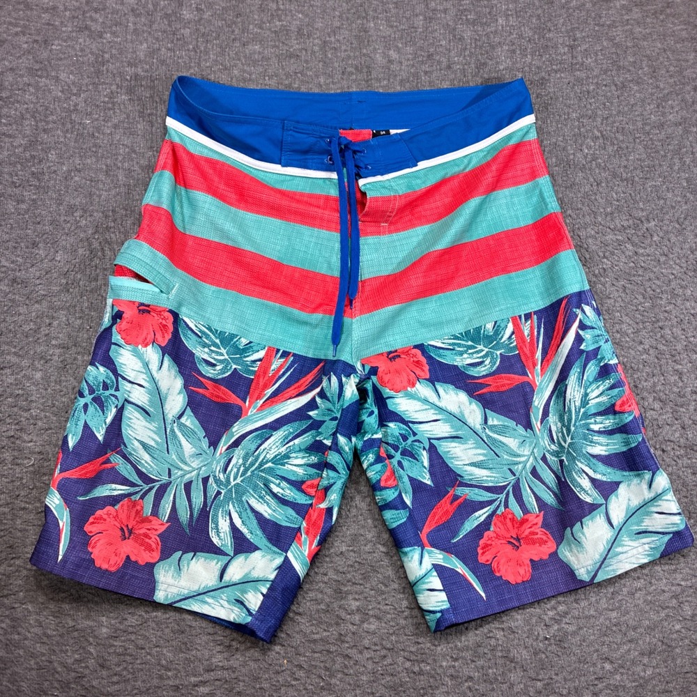 Burnside Board Shorts Mens 34 Blue Floral Striped Tropical Swim Trunks